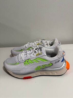 Puma White Sneakers with Neon Green and Orange Accents